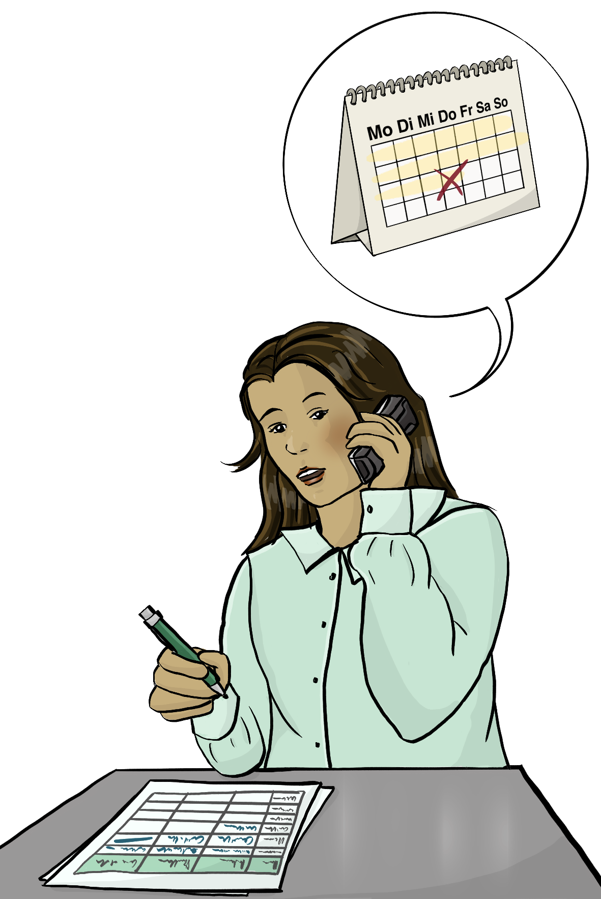 Eine Person ist am Telefon und macht einen Termin aus.